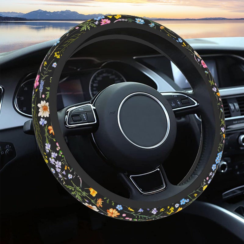 Pcnjozx Car Steering Wheel Cover for Women Men  Non-Slip Breathable Steering Wheel  Wildflower Steering Wheel Protector  Car Accessories  Universal 14"" 02/2-15"" Fit Auto  Suvs - Image 1